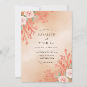 Apricot Coral Foliage Eucalyptus Wedding Invitation