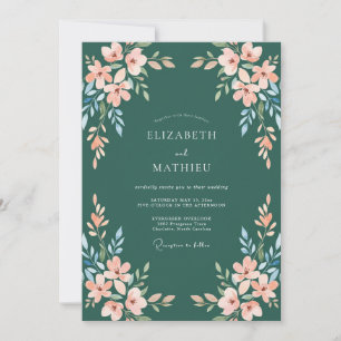 Apricot Dark Cyan Leafy Wedding Invitation