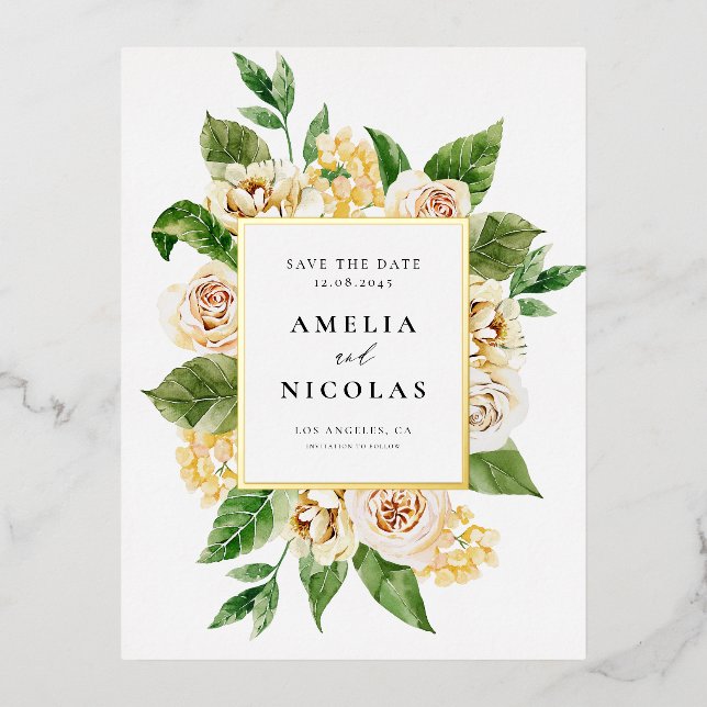Apricot English Rose Floral Frame Save the Date Foil Invitation Postcard (Front)