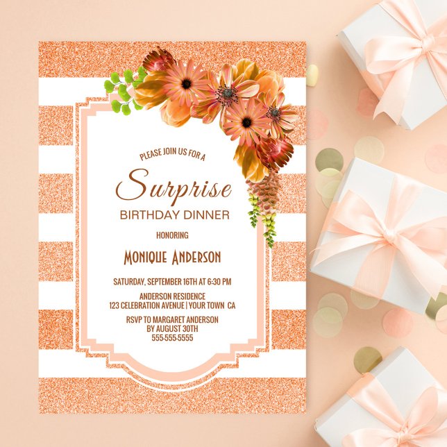 Apricot Floral Surprise Birthday Dinner Party Invitation (Creator Uploaded)