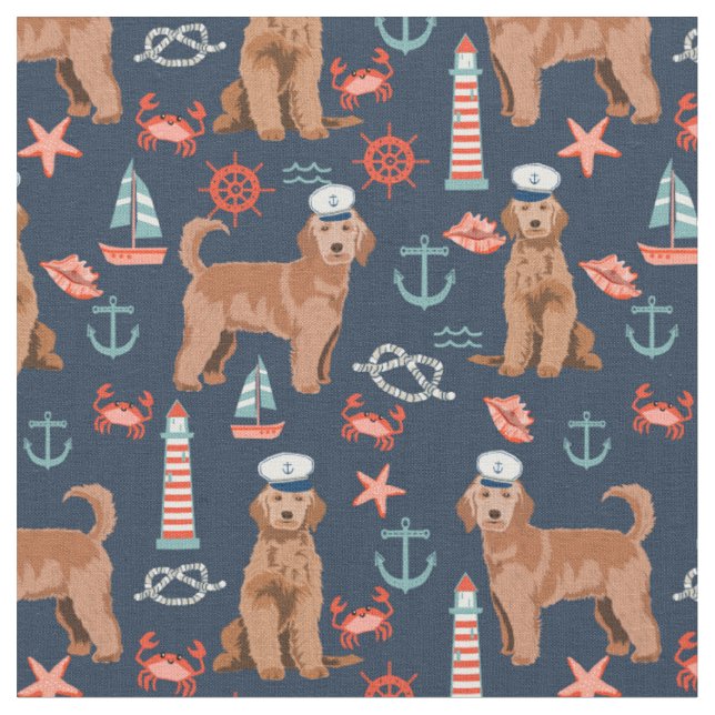 Apricot Golden Doodle nautical navy Fabric (Close Up)