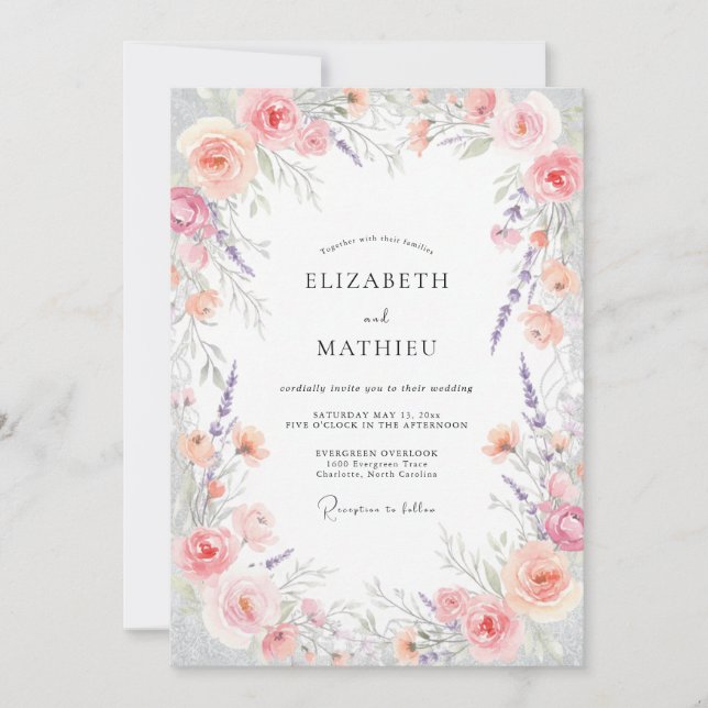 Apricot Lavender Wreath Wedding Invitation (Front)