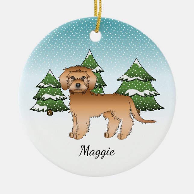 Apricot Mini Goldendoodle - Winter Forest & Name Ceramic Tree Decoration (Front)