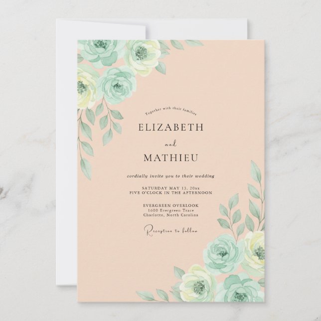 Apricot Mint Leafy Wedding Invitation (Front)