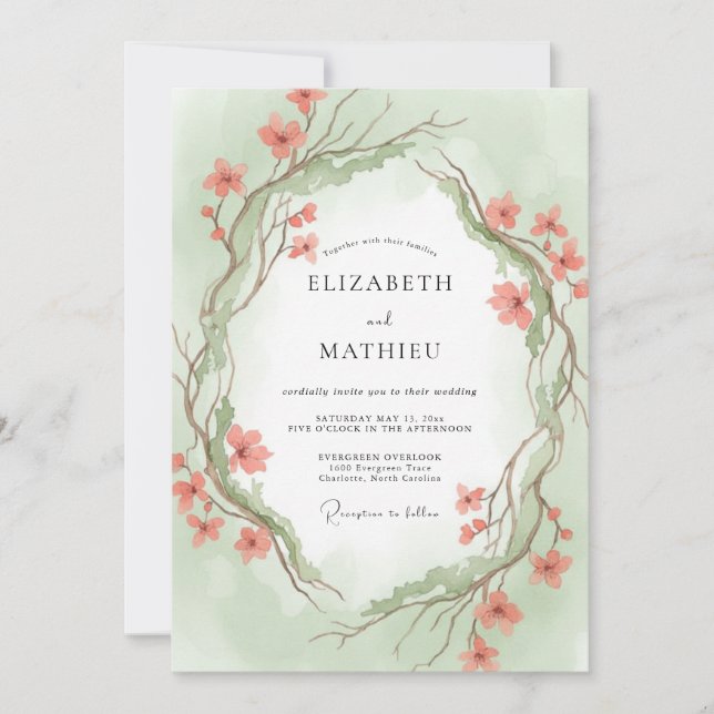 Apricot Mint Vine Wedding Invitation (Front)