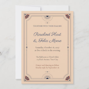 Apricot Navy Notched Fan Deco Wedding Invitation