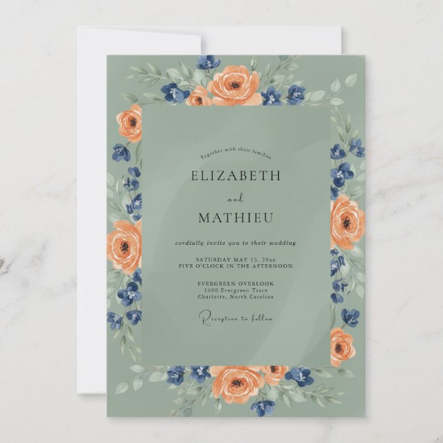 Apricot Navy Ranunculus Eucalyptus Wedding Invitation (Front)