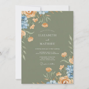 Apricot Olive Ranunculus Eucalyptus Wedding Invitation