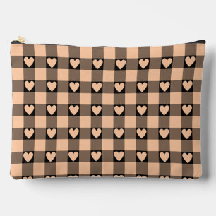 Apricot Peach Black Buffalo Heart Plaid Accessory Pouch