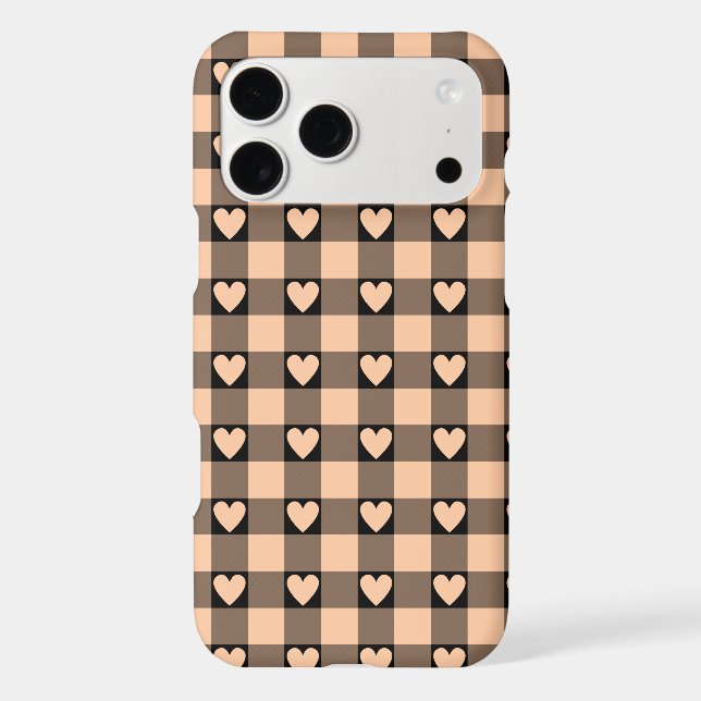Apricot Peach Black Buffalo Heart Plaid Phone Case (Back)
