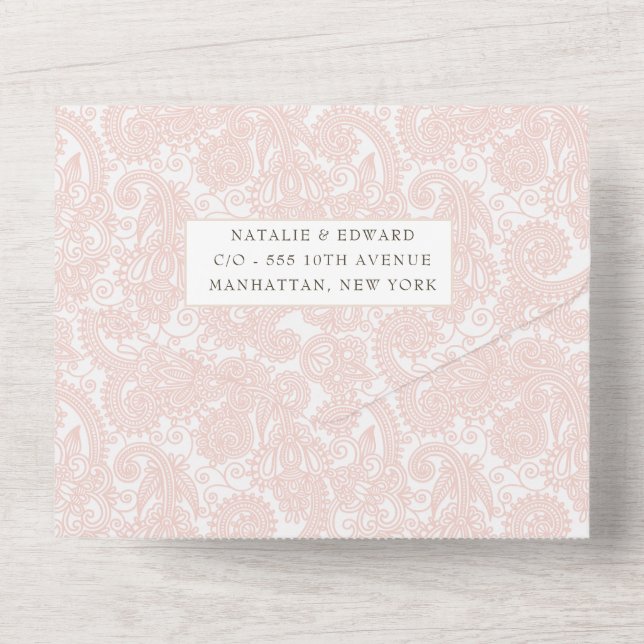 Apricot Peach Lace Filigree Paisley Wedding RSVP All In One Invitation (Back)