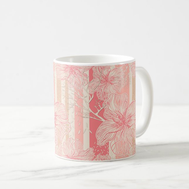 Apricot peach pink floral striped pattern coffee mug (Front Right)