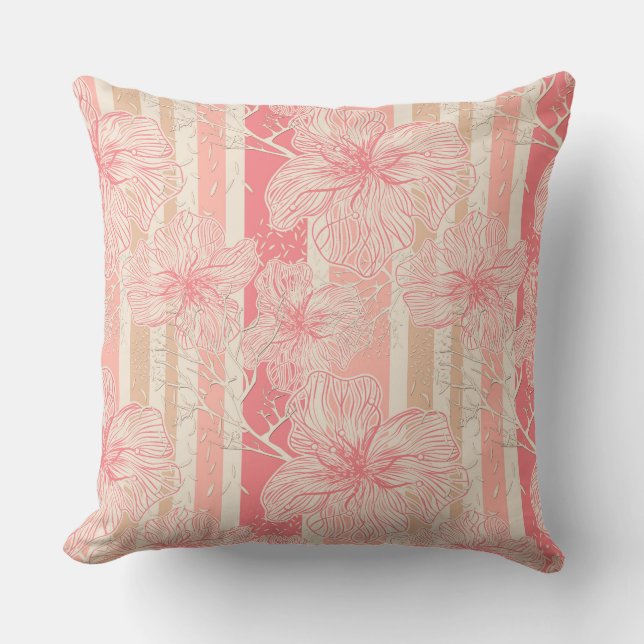 Apricot peach pink floral striped pattern cushion (Front)