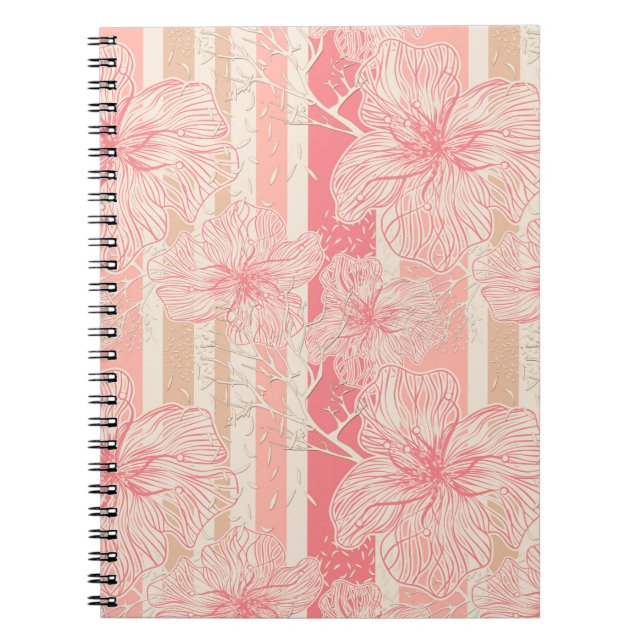 Apricot peach pink floral striped pattern notebook (Front)