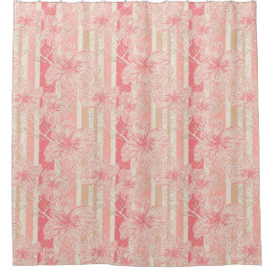 Apricot peach pink floral striped pattern shower curtain