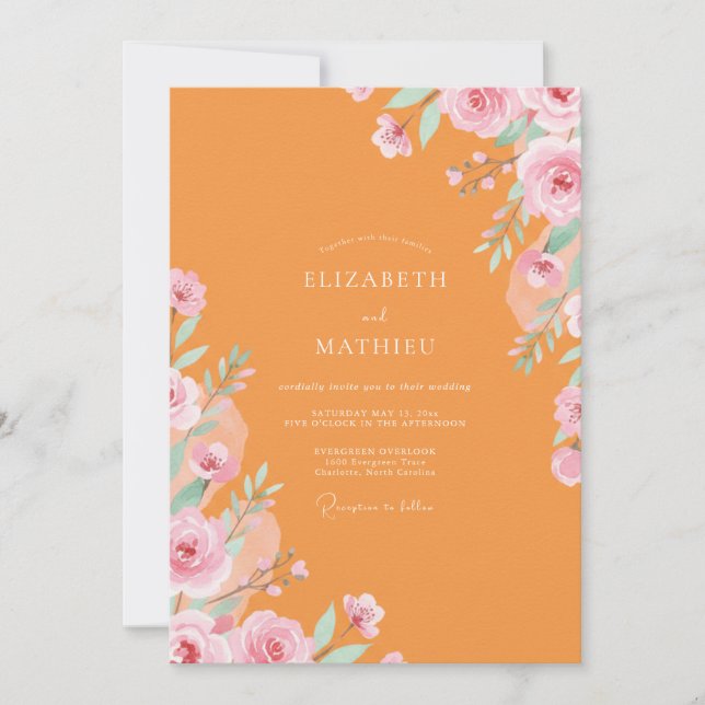 Apricot Peach Ranunculus Eucalyptus Wedding Invitation (Front)