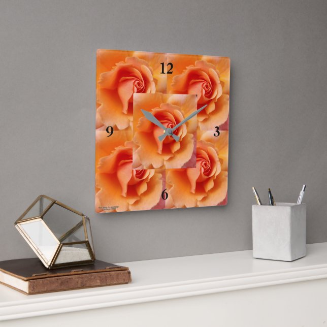 Apricot Peach Rose Flower Close Up Photo Square Wall Clock (Office)