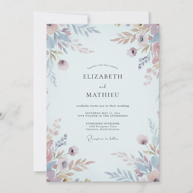 Apricot Periwinkle Leafy Wedding Invitation (Front)