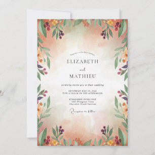 Apricot Plum Foliage Eucalyptus Wedding Invitation