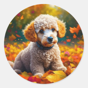 Apricot Poodle Puppy in Fall Leaves Classic Round Sticker