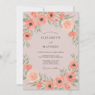 Apricot Poppy Wreath Wedding Invitation