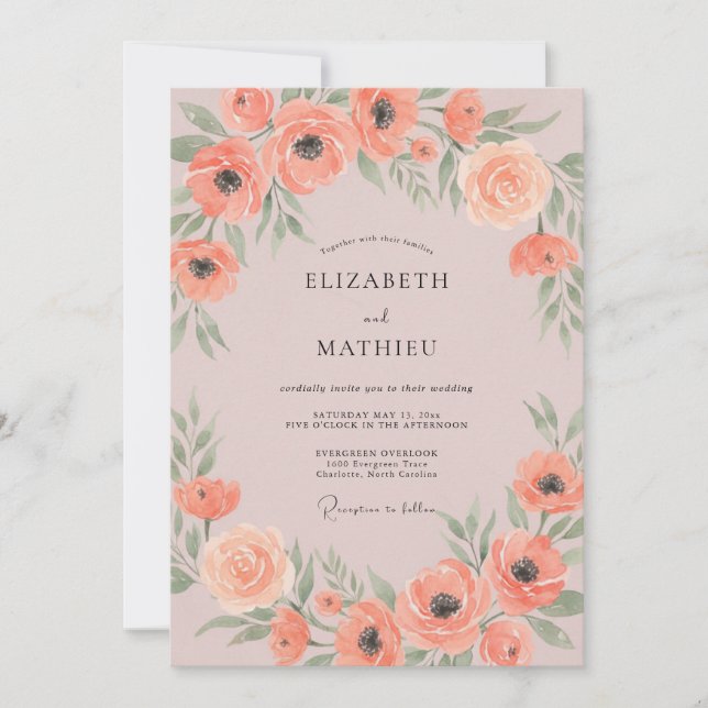 Apricot Poppy Wreath Wedding Invitation (Front)
