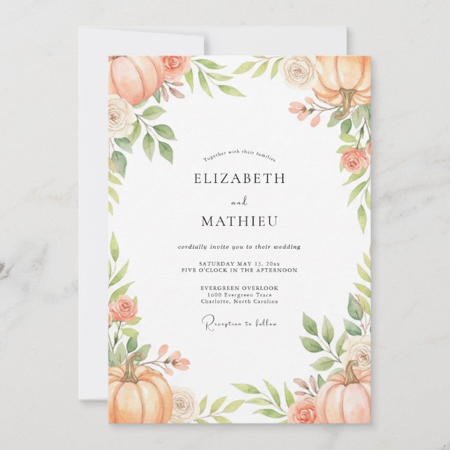 Apricot Pumpkin Foliage Eucalyptus Wedding Invitation (Front)