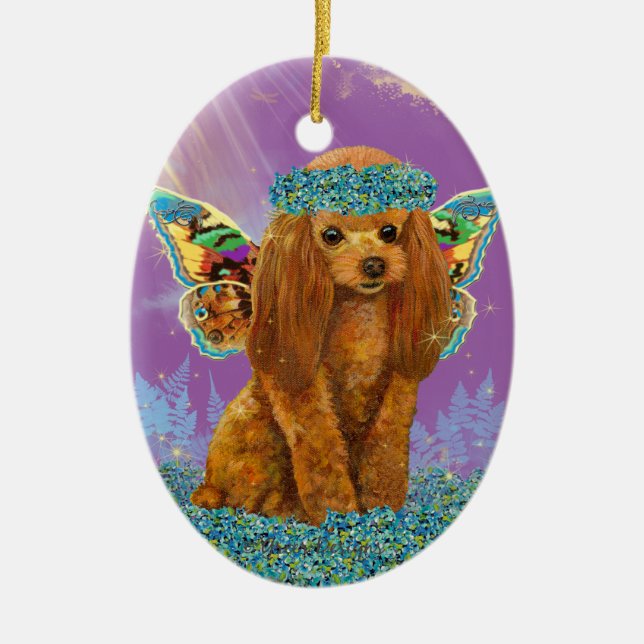 Apricot Red Poodle Puppy Fairy Ceramic Tree Decoration (Front)