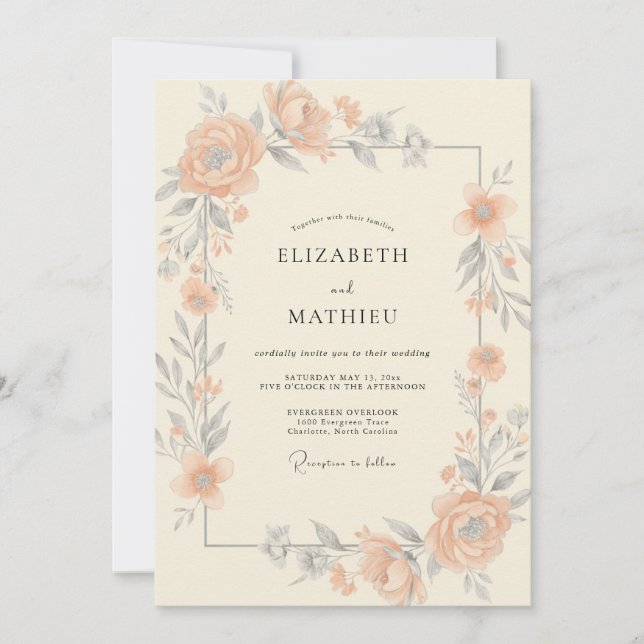 Apricot Silver Peony Wedding Invitation (Front)