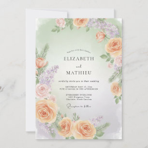 Apricot Soft Lilac Wreath Wedding Invitation