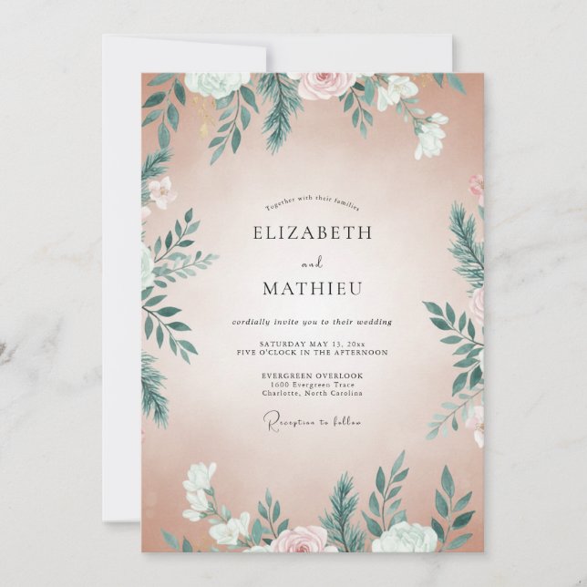 Apricot Teal Leafy Wedding Invitation (Front)