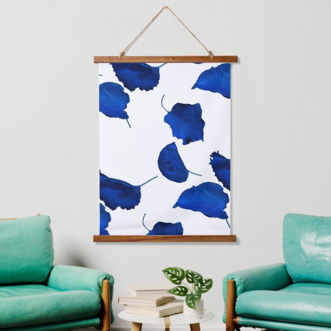 Apricot Tree Blue Leaves White Background Hanging Tapestry (Living Room)