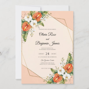 Apricot Tropical Anthurium Eucalyptus Wedding Invitation