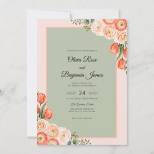 Apricot Tulip Olive Eucalyptus Wedding Invitation