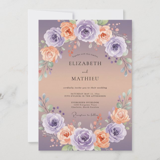 Apricot Violet Peony Wedding Invitation (Front)