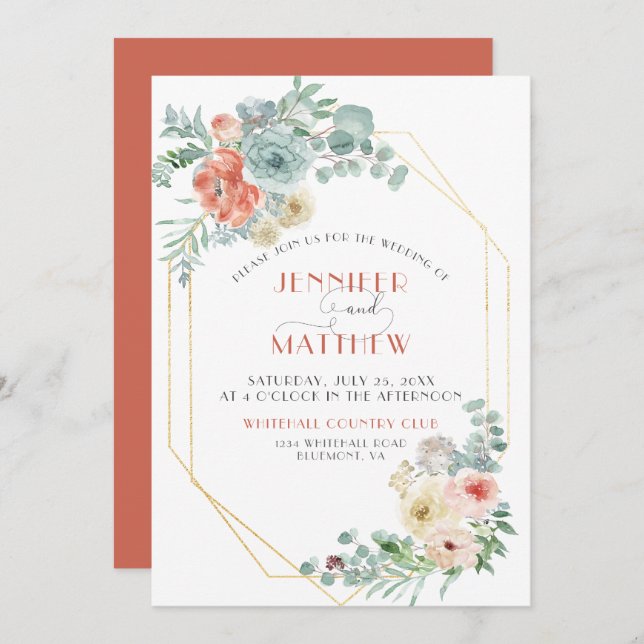 Apricot Wasabi Green Gold Geometric Floral Wedding Invitation (Front/Back)