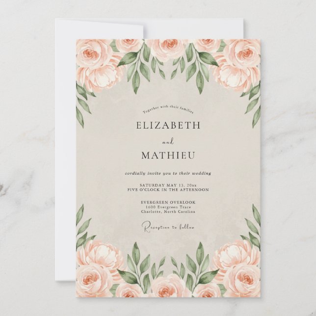 Apricot Watercolor Foliage Wedding Invitation (Front)