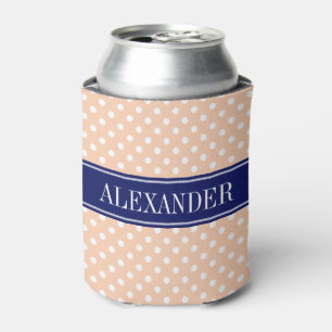 Apricot White Polka Dots Navy Name Monogram Can Cooler