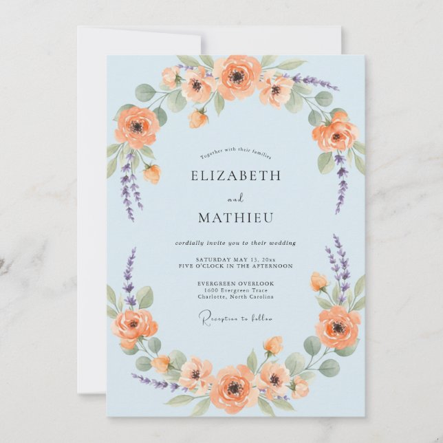 Apricot Wreath Wedding Invitation (Front)