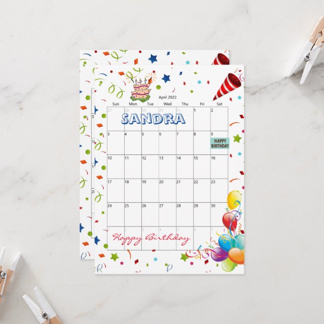 April 2022 Calendar Happy Birthday Invitation  (Front/Back In Situ)