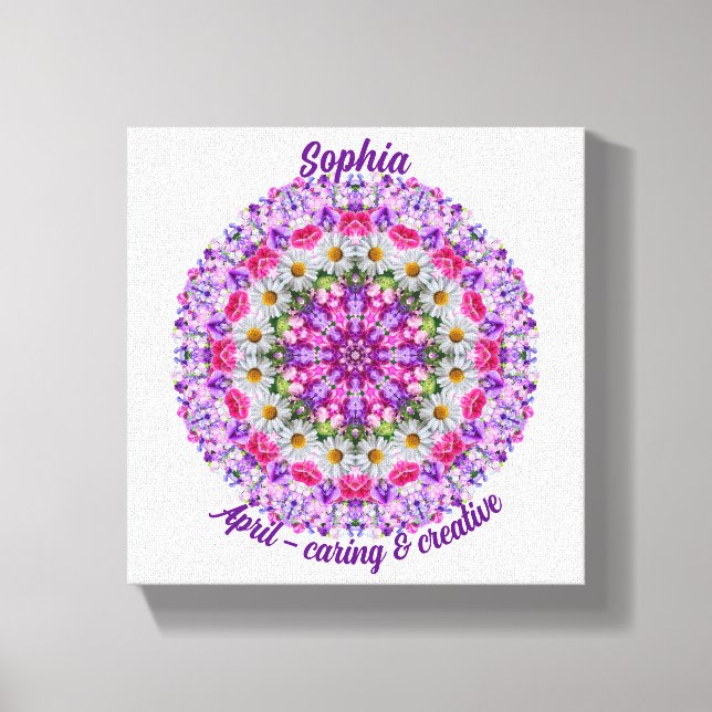 April Birth Flower Personalised Daisy Mandala Art Canvas Print (Front)