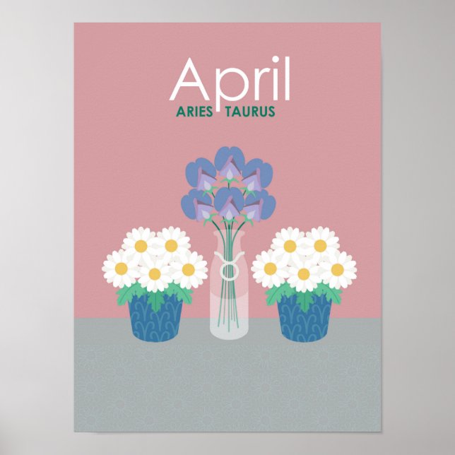 April- Birth Flowers & Zodiac Symbols Poster (Front)