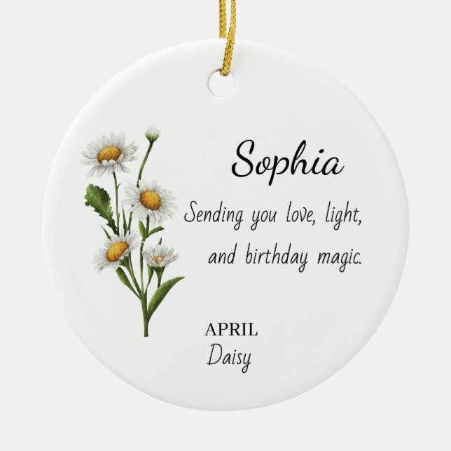 April Daisy Personalised Birthday Ceramic Tree Decoration (Front)