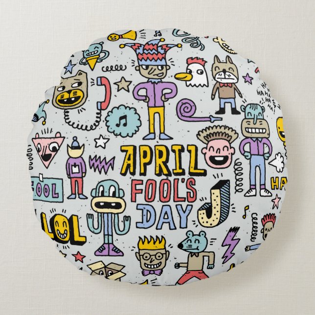 April fools day funny doodle colourful set 1. Vint Round Cushion (Front)
