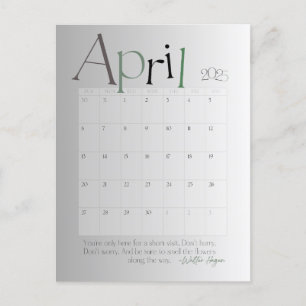 April Grey Modern Monthly Calendar 2025 Postcard