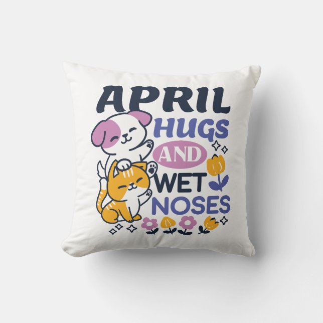 April Hugs and Wet Noses – Cute Dog and Cat Art Cushion (Front)