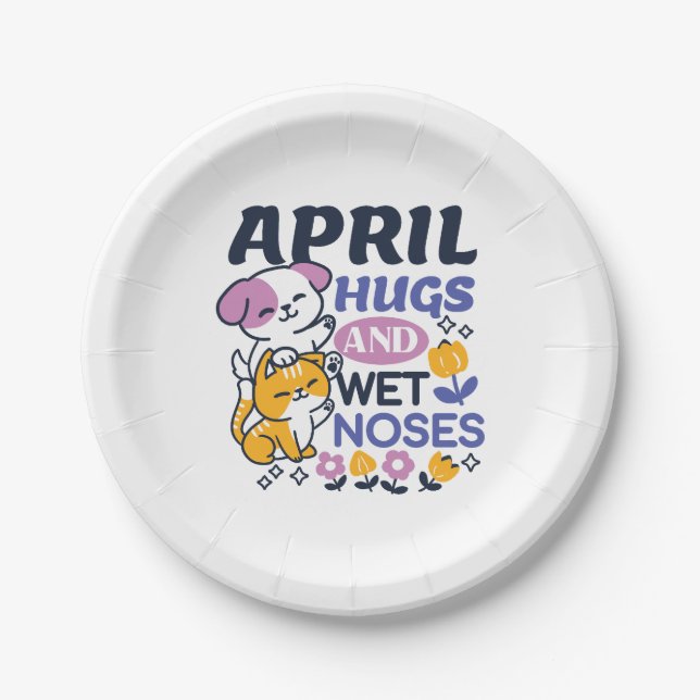 April Hugs and Wet Noses – Cute Dog and Cat Art Paper Plate (Front)