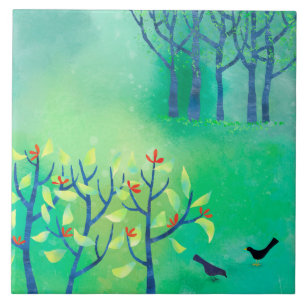 April Modern Green Landscape Nature Painting Tile