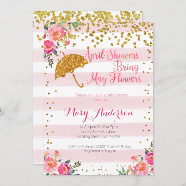 April Showers Baby Shower Invitation Gold Pink (Front/Back)