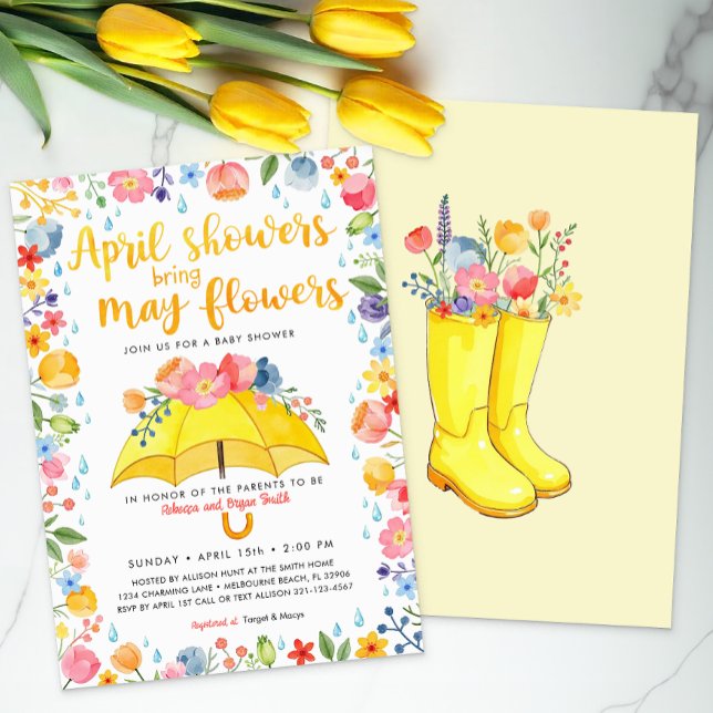 April Showers Bring May Flowers Baby Shower  Invitation (Umbrella Spring Baby Shower Themed Invite)